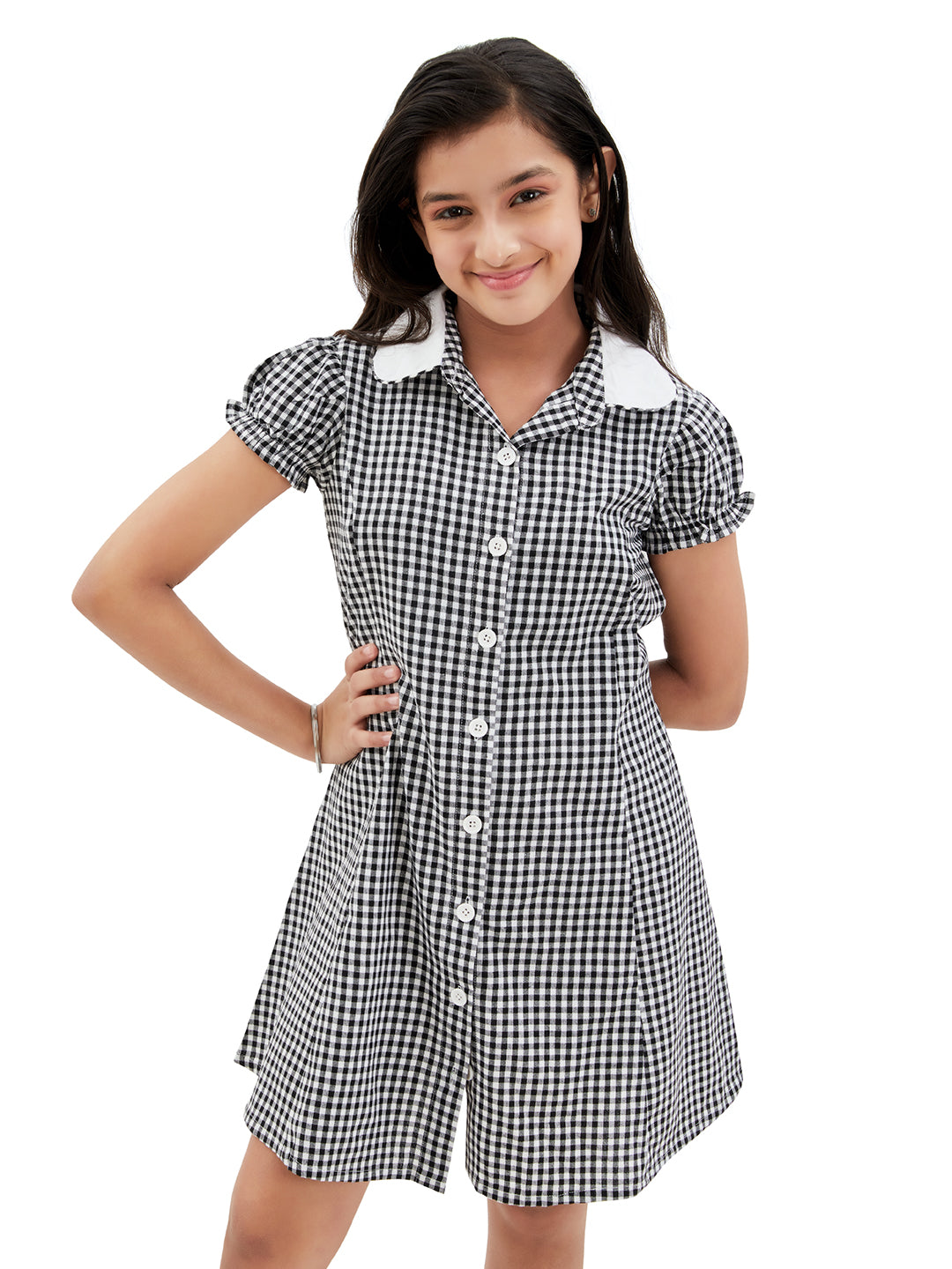 Olele® Bombay Dress with Peter Pan Collar - Black and White Gingham Check