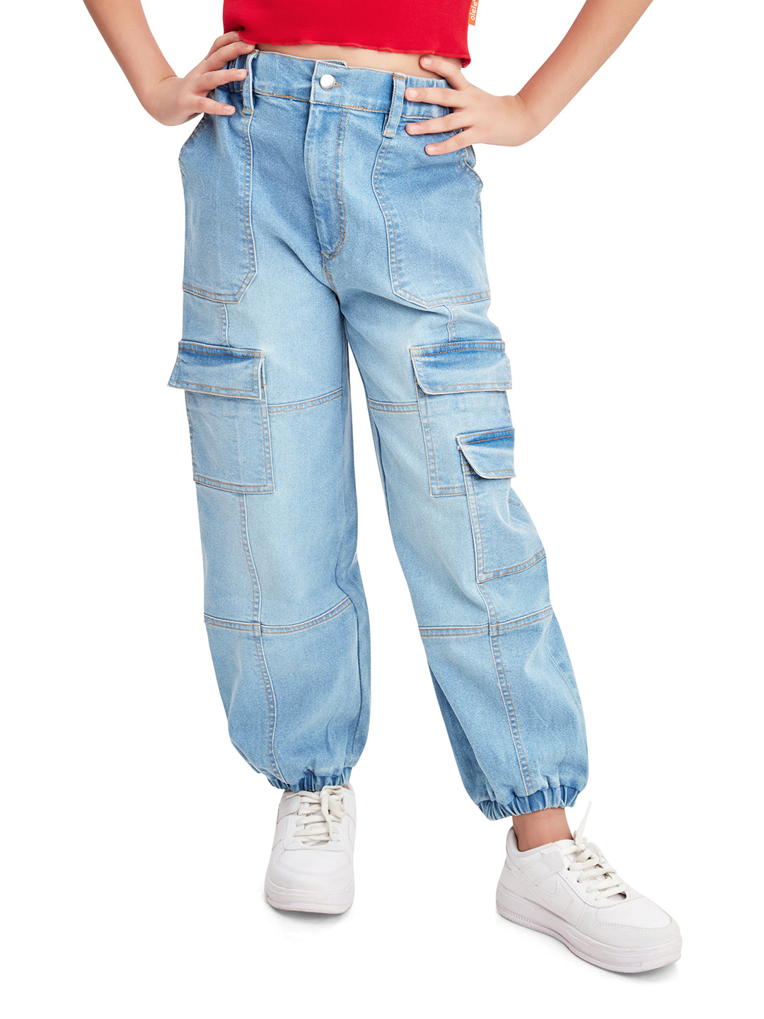 Olele® 7 Pockets Joggers Jeans Pants for Girls - Cotton Denim