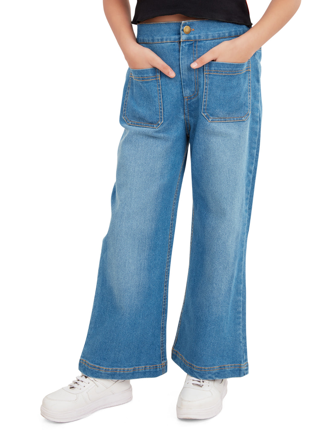 "Olele® Girls Windsor Wide Leg Cotton Denim Jeans Regular Fit Stretchable (Elasticated Waist)  - Indigo Blue"