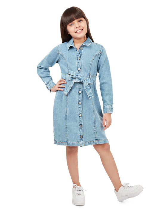 Olele® Girls Dallas Denim Full Sleeve Dress - Light Blue