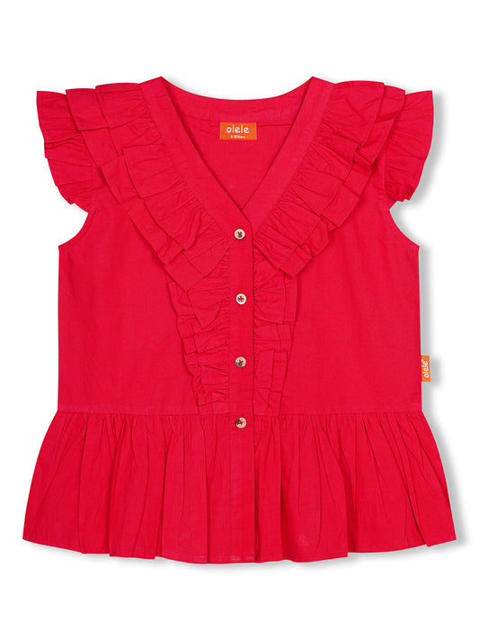 Olele® Victoria Ruffle Cotton Sleeveless Top for Girls - Red