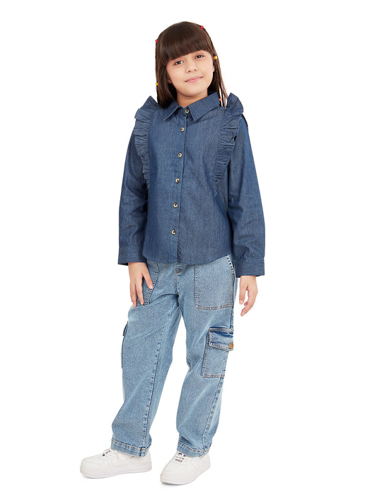 Olele® Girls Regina Full Sleeve Linen Denim Shirt - Dark Blue