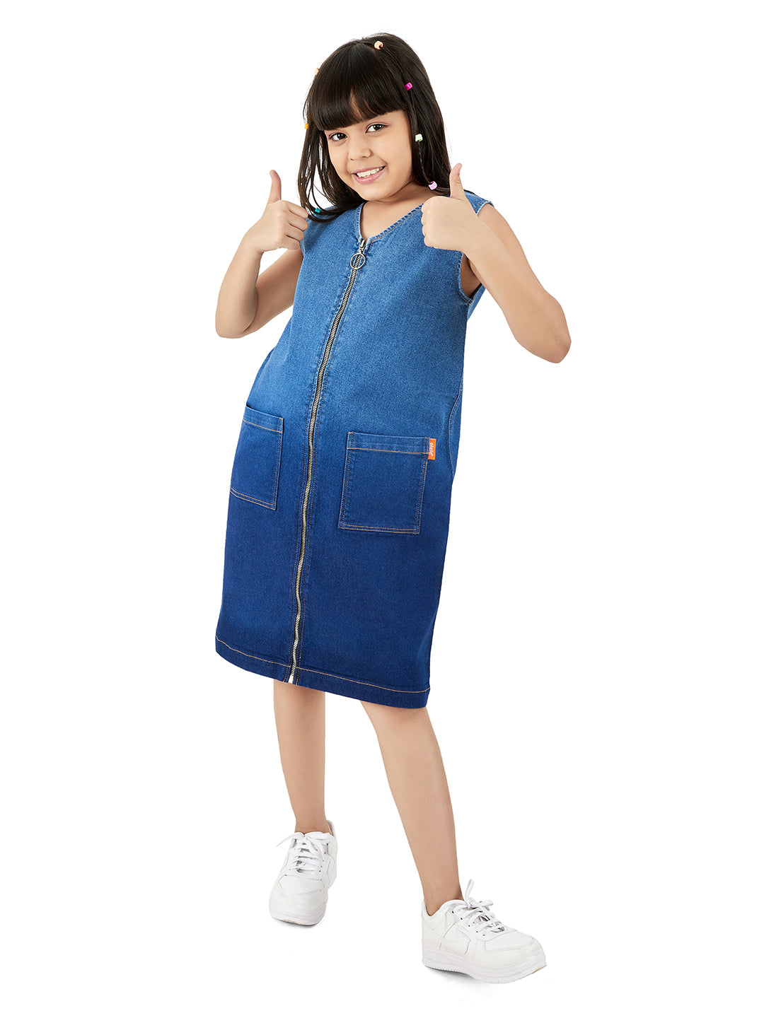 Olele® Girls Atlanta A-Line Ombre Dress with Metal Zipper Opening - Cotton Denim