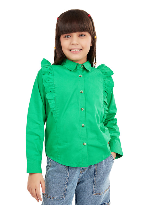 Olele® Girls Regina Full Sleeve Cotton Linen Shirt - Dark Green