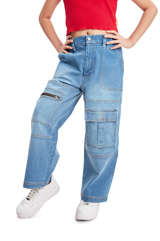 Olele® 7 3D Pockets Cargo Jeans Pants for Girls - Cotton Denim