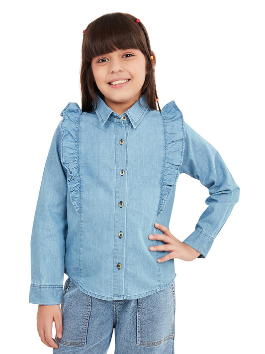 Olele® Girls Regina Full Sleeve Linen Denim Shirt - Light Blue