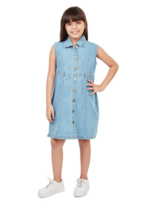 Olele® Girls Dallas Denim Sleeveless Collar Dress  - Light Blue