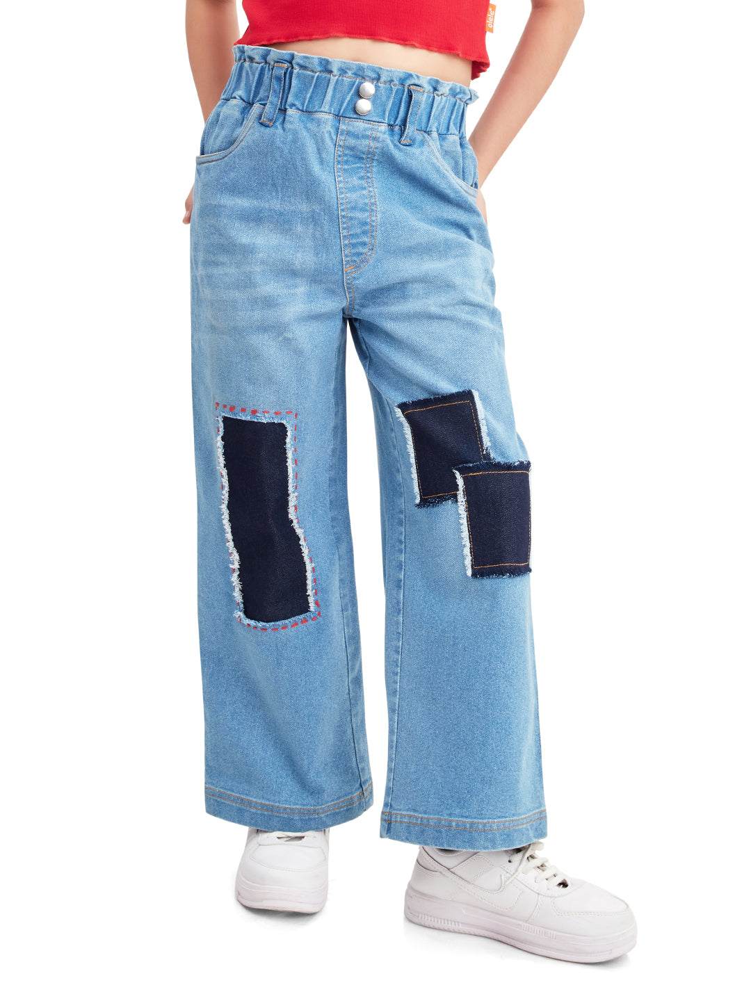 Olele® Girls Pull On Jeans Pant with Retro Patch Detailing - Cotton Denim