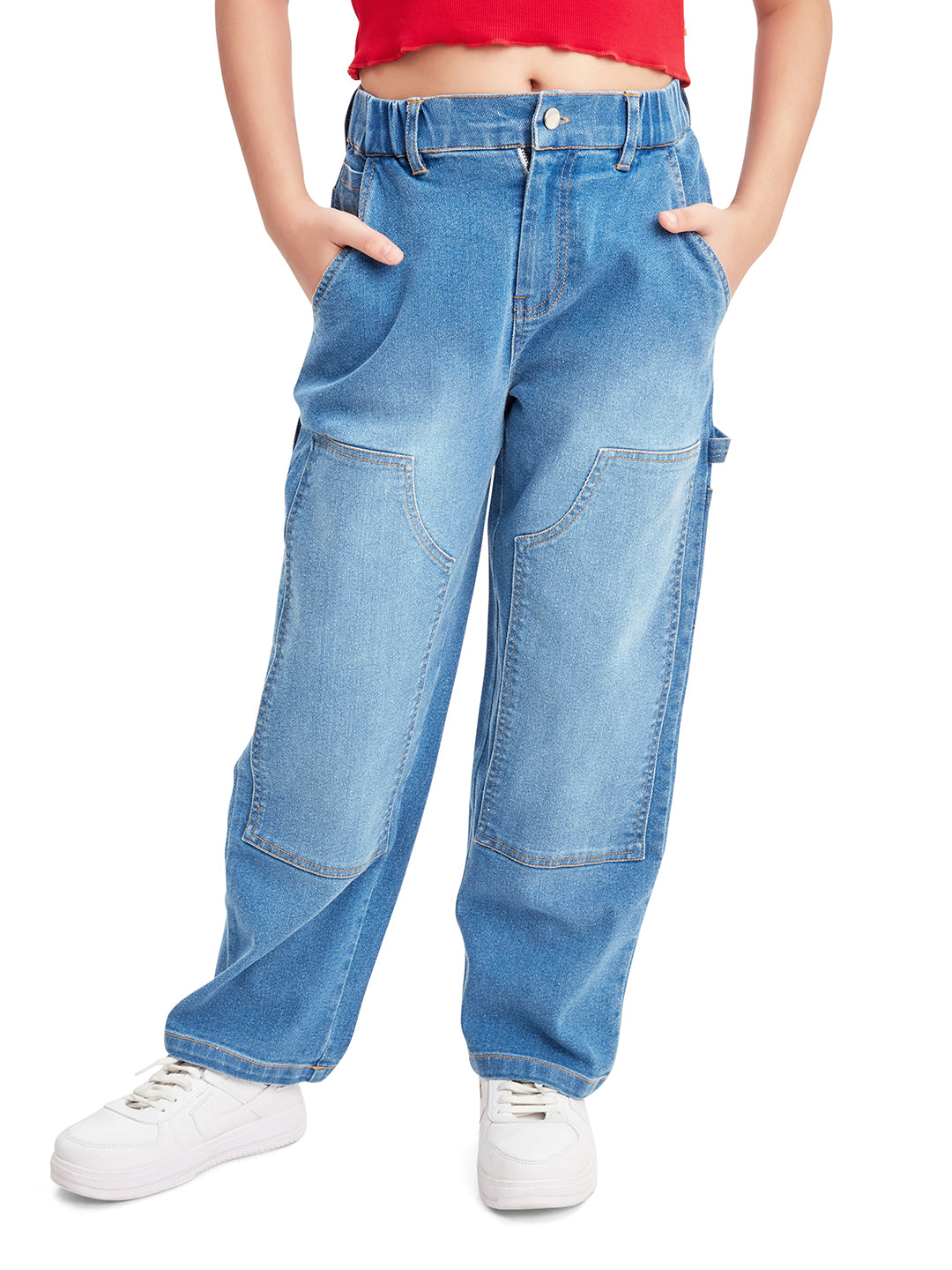 Olele® Girls Carpenter Style Multi Pocket Jeans Pant - Cotton Denim