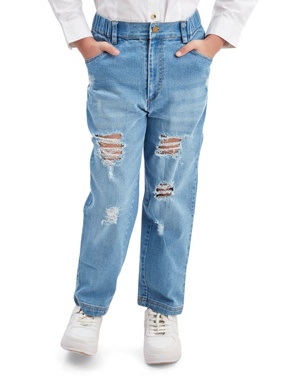 Olele® Girls Regular Fit Stretchable Distressed Wash Vanilla Jeans Pant - Cotton Denim