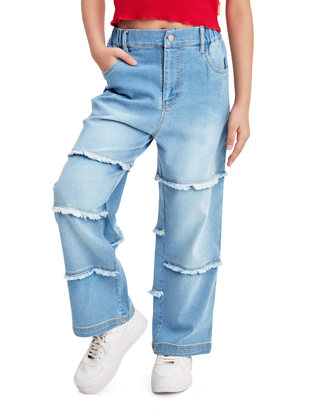 Olele® Girls Raw Edge Panel Patch Relaxed Fit Jeans Pant - Cotton Denim