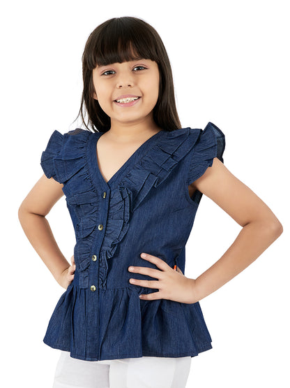 Olele® Girls Victoria Ruffle Top - Light Weight Cotton Denim