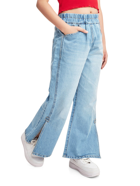 Olele® Girls Side Slit Relaxed Fit Jeans Pant - Cotton Denim