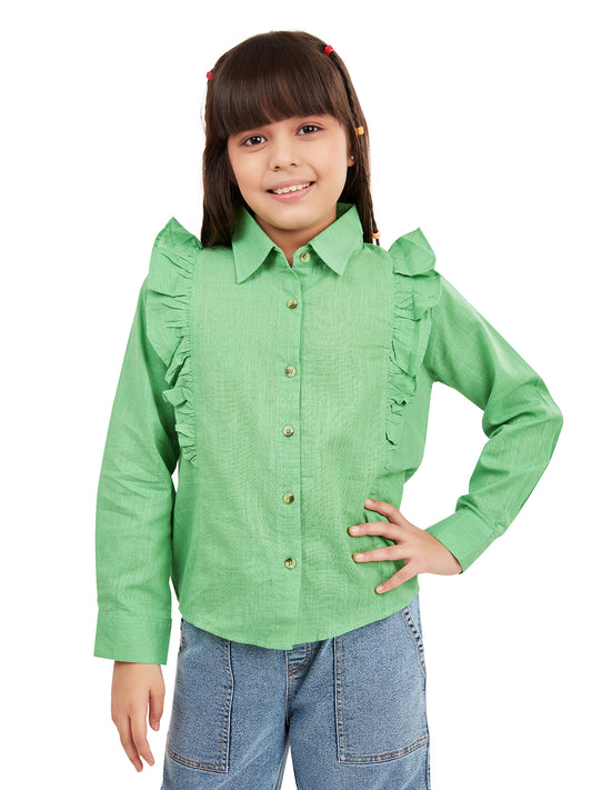 Olele® Girls Regina Full Sleeve Cotton Linen Shirt - Parrot Green