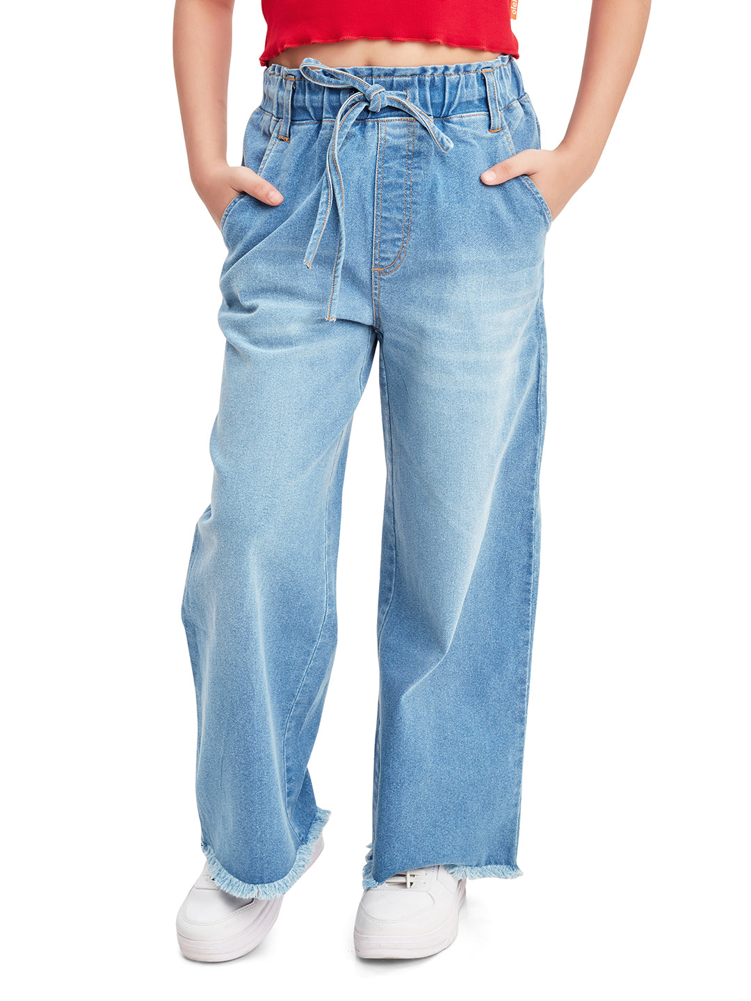 Olele® Girls Pull On Raw Edge Jeans Pant - Cotton Denim