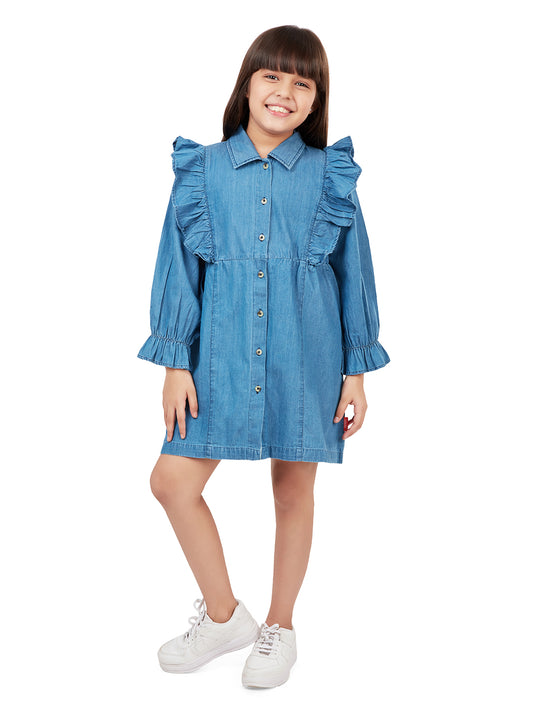 "Olele® Girls Regina Ruffle Dress - Light Blue Denim "