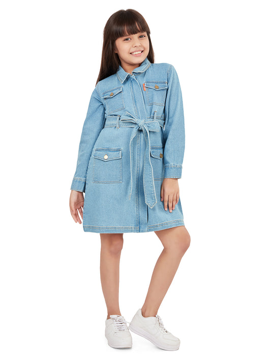 Olele® Girls Utility Cotton Denim Full Sleeve Dress - Blue