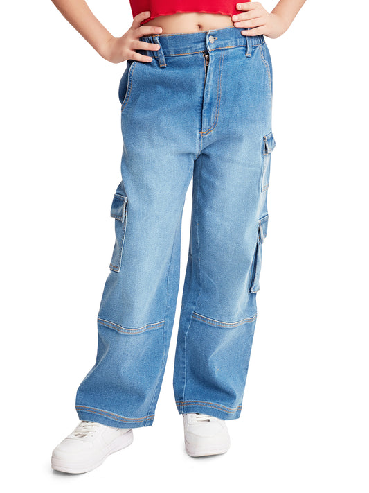 Olele® 7 Pockets Cargo Jeans Pants for Girls - Cotton Denim