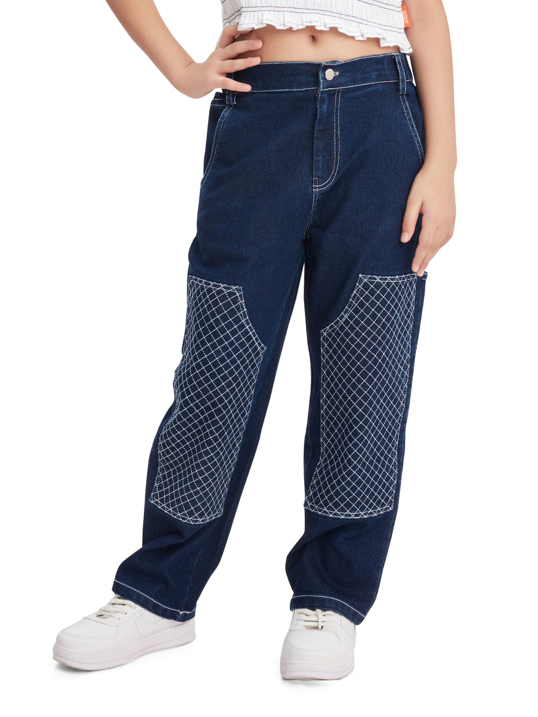 Olele® Girls Quilted Stitched Carpenter Jeans Pant - Raw Cotton Denim