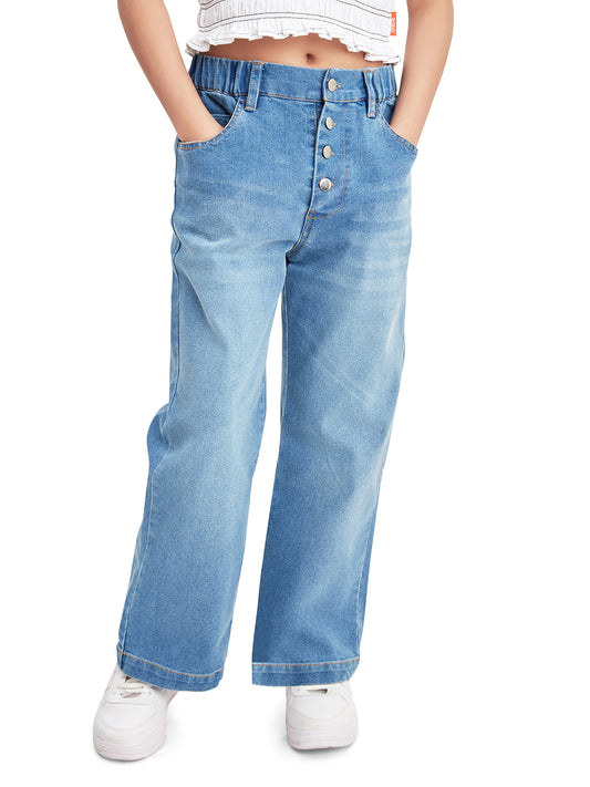 Olele® Boot Cut Button Fly Jeans Pant for Girls - Cotton Denim