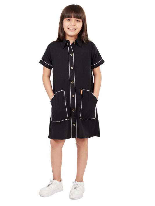 Olele® Girls Piping Art Cotton Short Sleeves Shirt Dress - Black