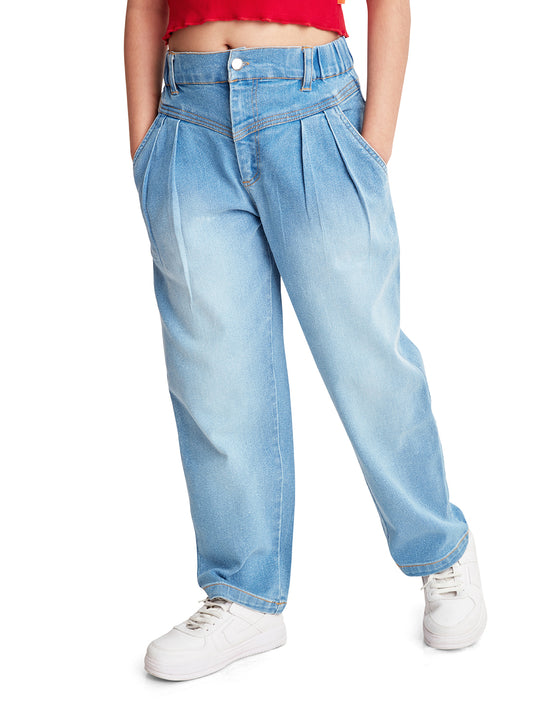 Olele® Girls Retro Front Yoke Relaxed Fit Jeans Pant - Cotton Denim