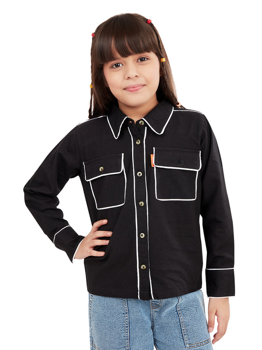 Olele® Girls Piping Art Cotton Full Sleeves Shirt - Black