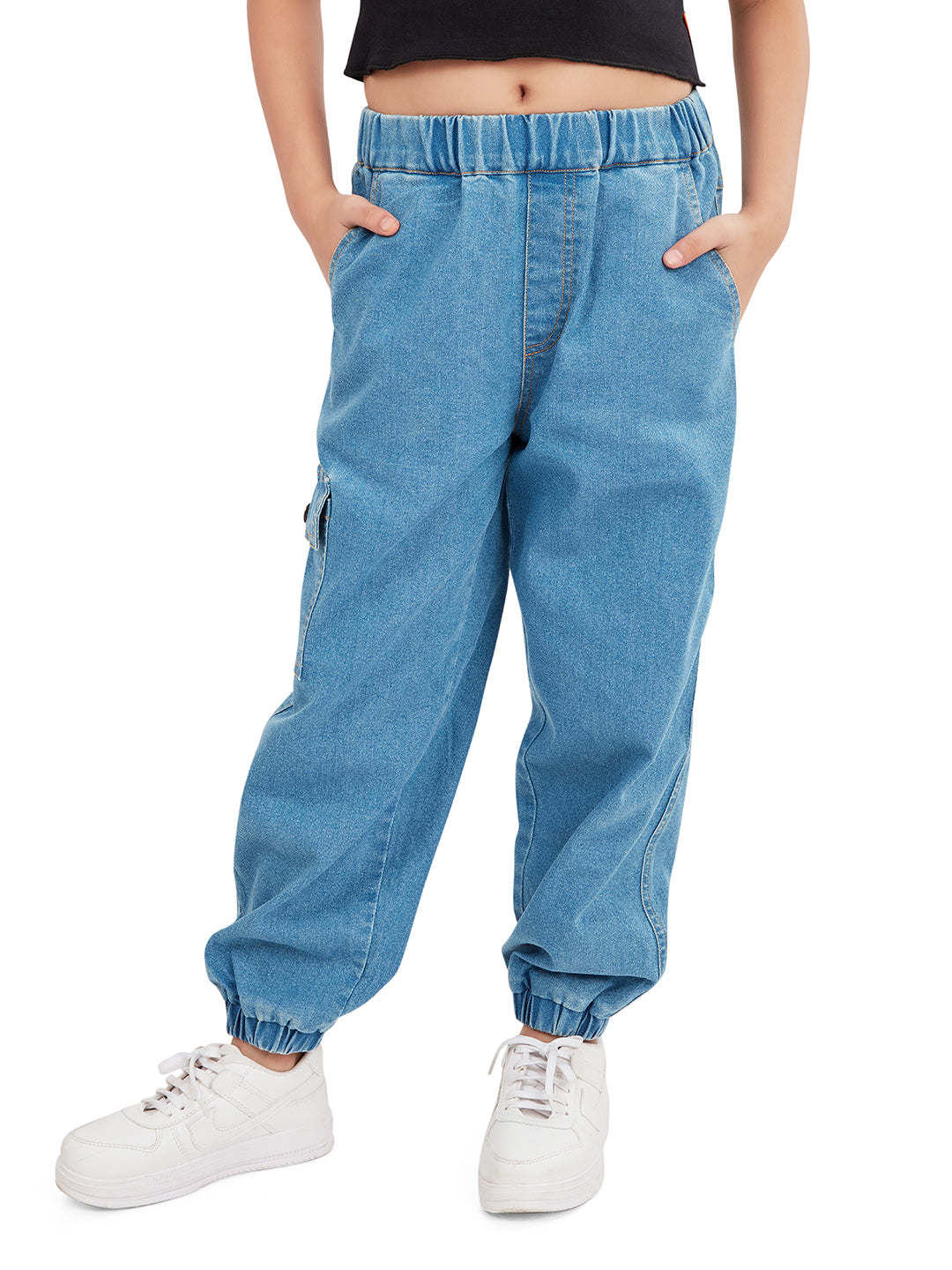 "Olele® Girls Jackson Joggers Cotton Denim Jeans Regular Fit Stretchable (Elasticated Waist)  - Indigo Blue"