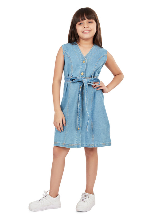 Olele® Girls Dallas Denim V-Neck Dress  - Light Blue