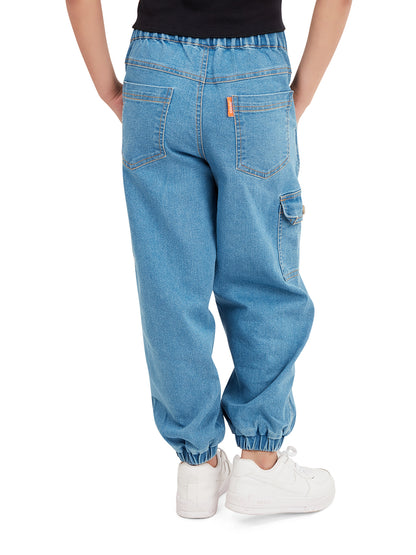 "Olele® Girls Jackson Joggers Cotton Denim Jeans Regular Fit Stretchable (Elasticated Waist)  - Indigo Blue"