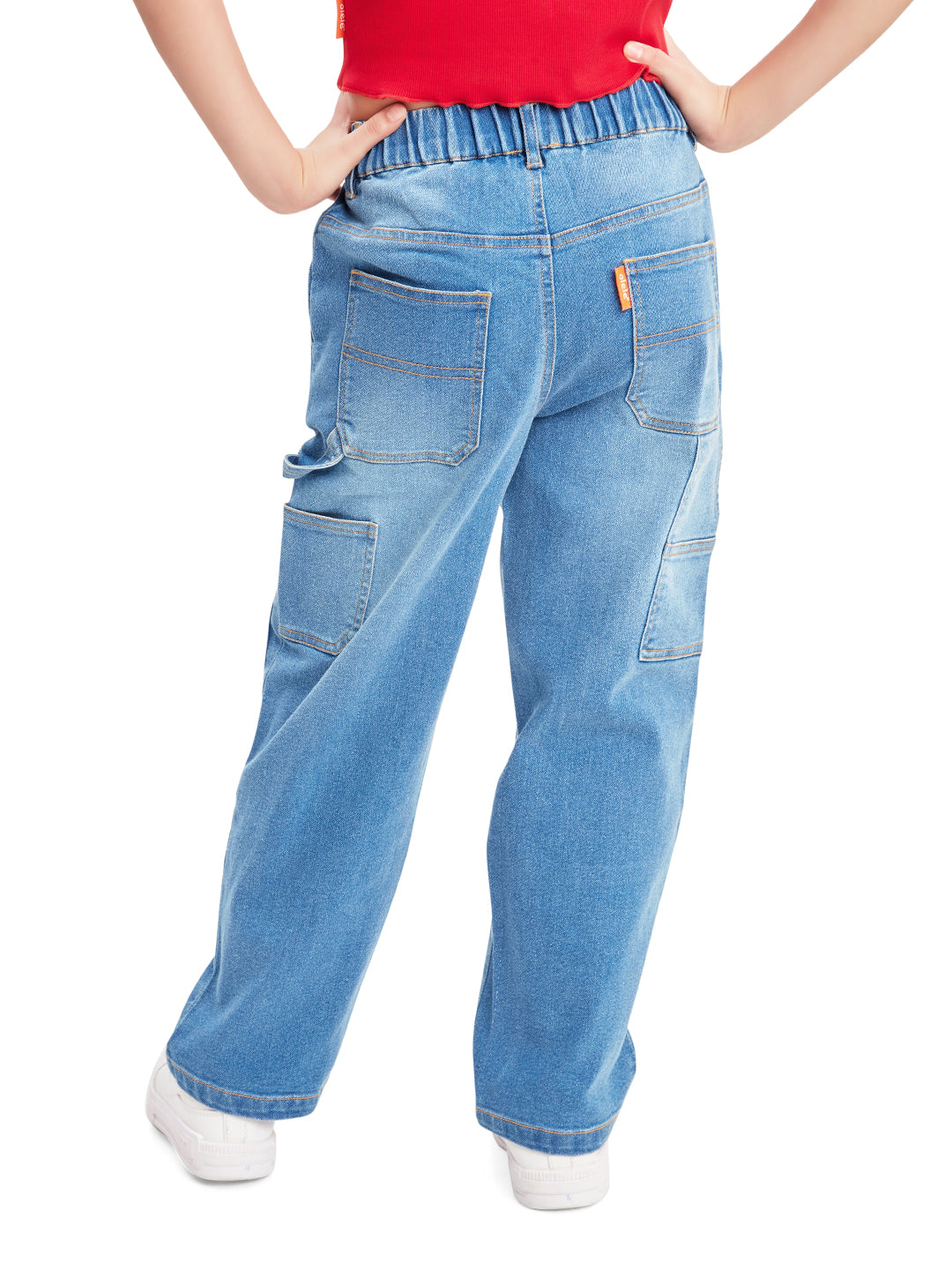 Olele® Girls Carpenter Style Multi Pocket Jeans Pant - Cotton Denim