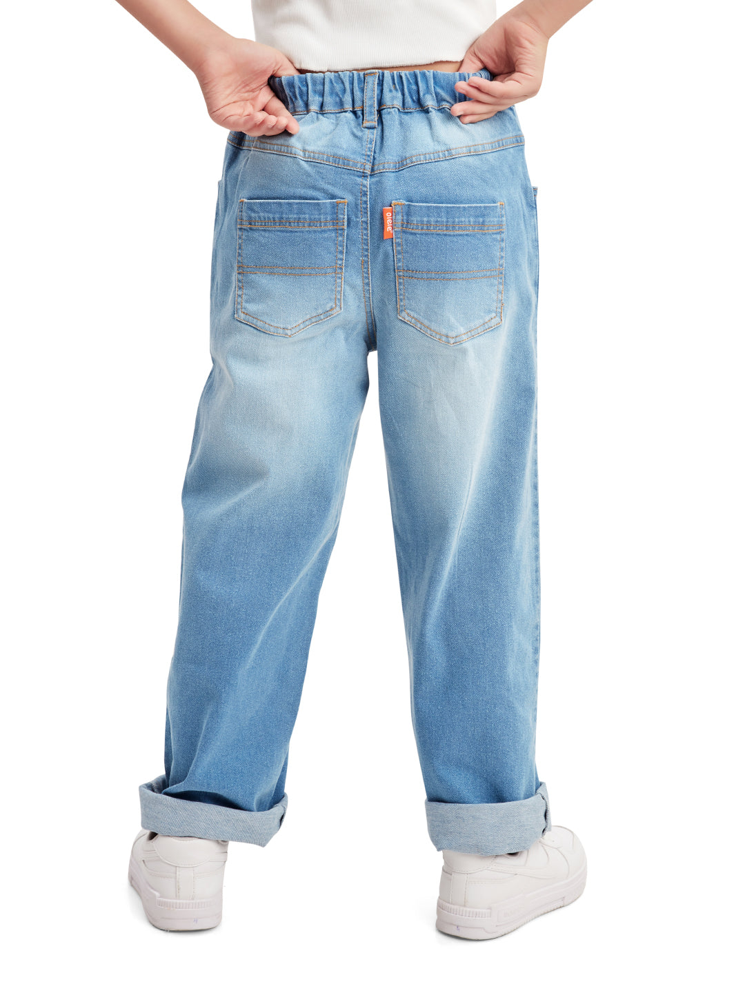 Olele® Girls Relax Fit Roll Up Jeans Pant - Cotton Denim