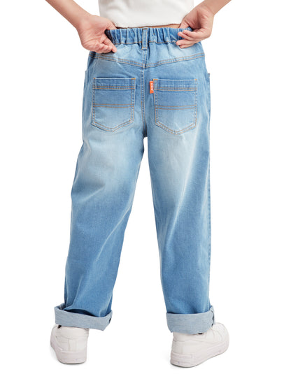 Olele® Girls Relaxed Fit Roll Up Vanilla Jeans Pant - Cotton Denim