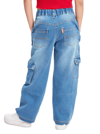 Olele® 7 Pockets Cargo Jeans Pants for Girls - Cotton Denim