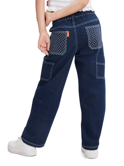 Olele® Girls Quilted Stitched Carpenter Jeans Pant - Raw Cotton Denim