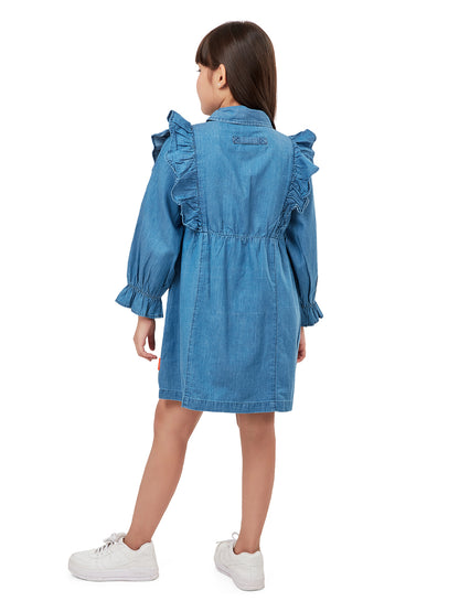 "Olele® Girls Regina Ruffle Dress - Light Blue Denim "