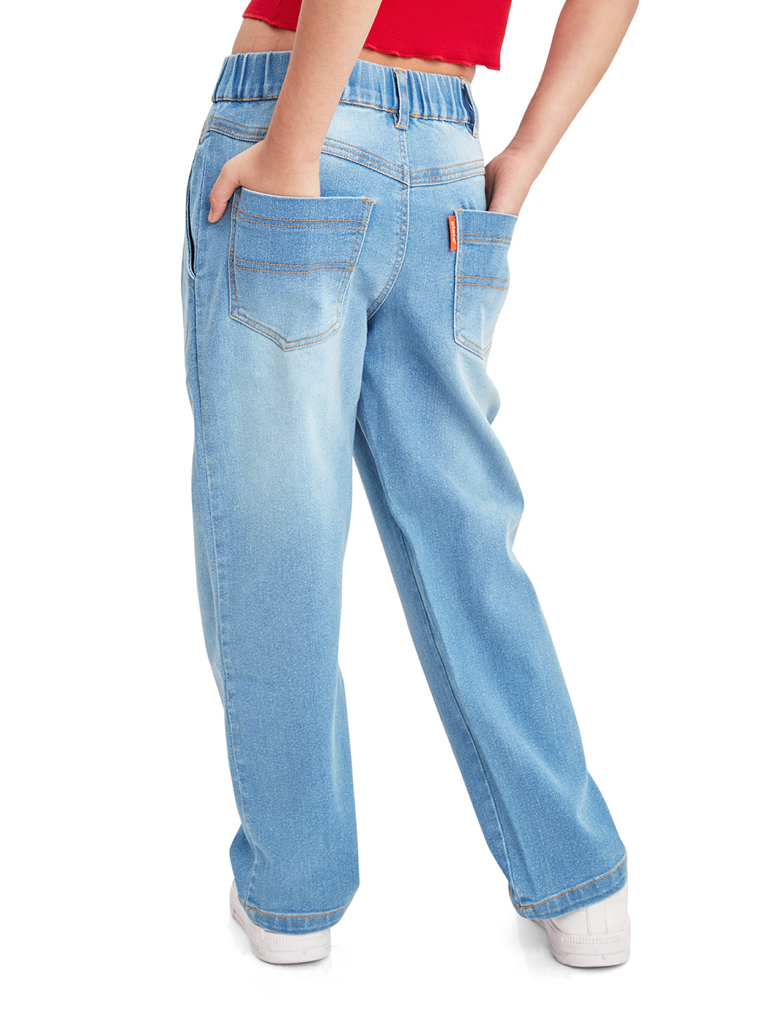 Olele® Girls Retro Front Yoke Relaxed Fit Jeans Pant - Cotton Denim