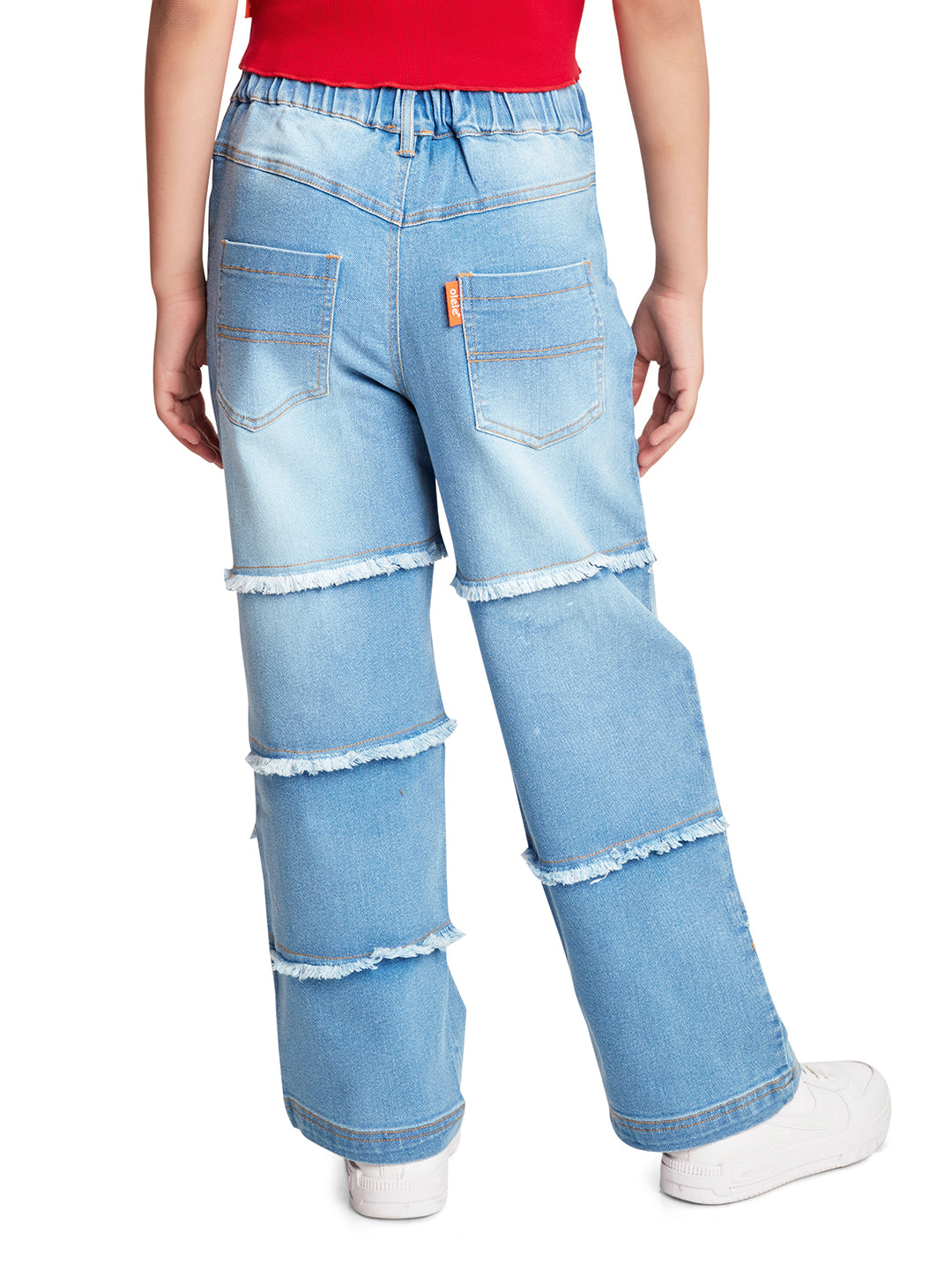 Olele® Girls Raw Edge Panel Patch Relaxed Fit Jeans Pant - Cotton Denim