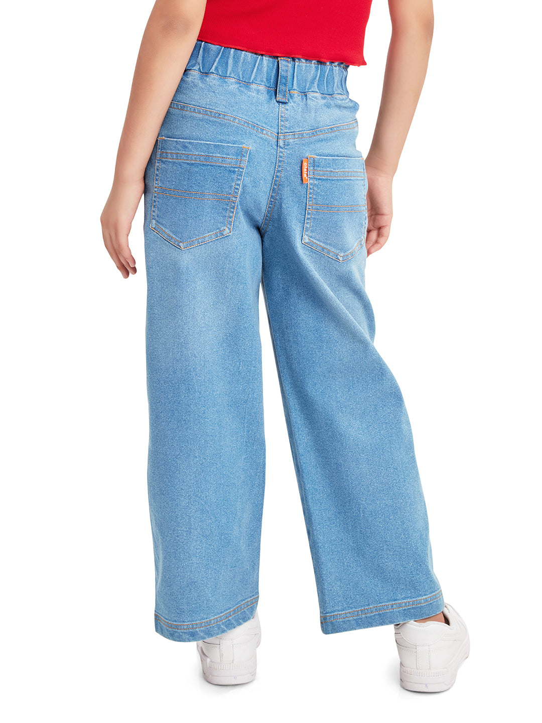 Olele® Girls Pull On Jeans Pant with Retro Patch Detailing - Cotton Denim