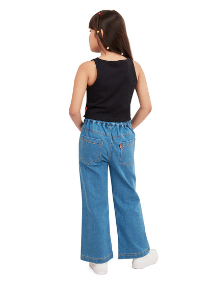 "Olele® Girls Windsor Wide Leg Cotton Denim Jeans Regular Fit Stretchable (Elasticated Waist)  - Indigo Blue"