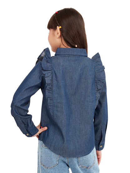 Olele® Girls Regina Full Sleeve Linen Denim Shirt - Dark Blue