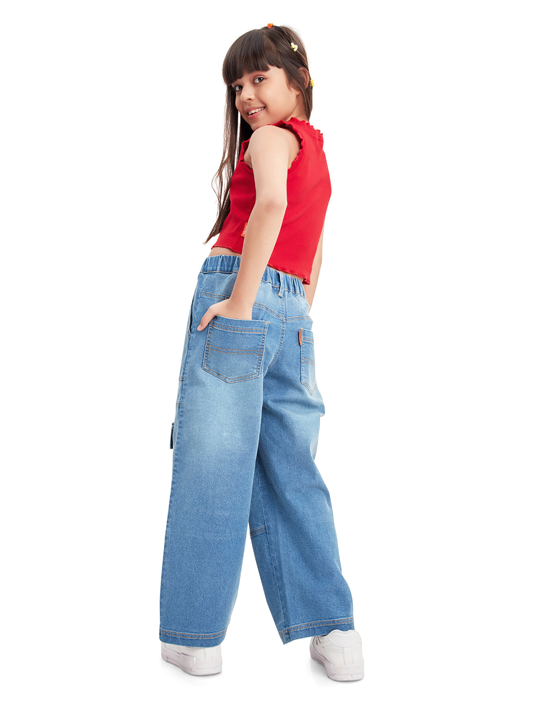 Olele® 7 3D Pockets Cargo Jeans Pants for Girls - Cotton Denim