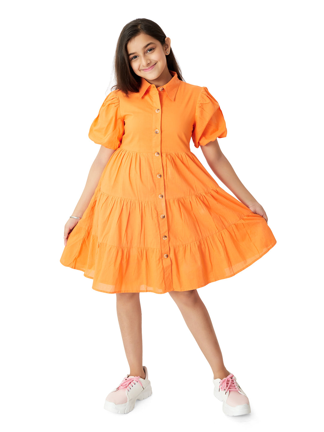 Olele® Girls Lucy Shirt Dress - Neon Orange Cotton