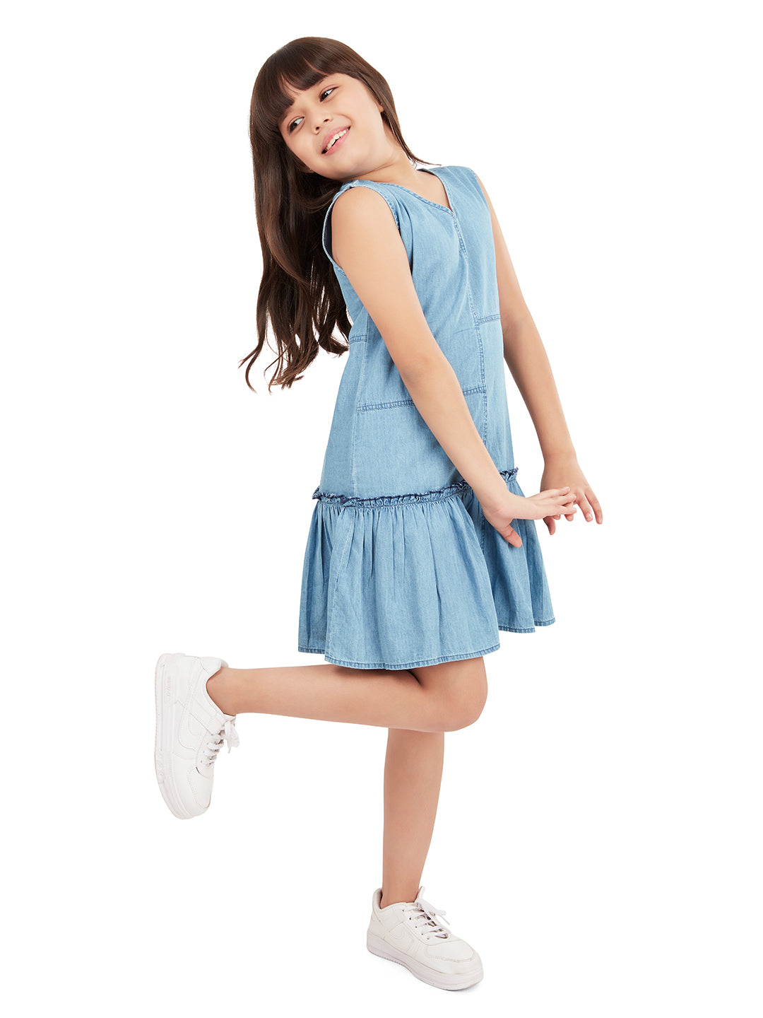 Olele® Girls Rohtak Ruffle Cotton Denim Dress - Light Blue