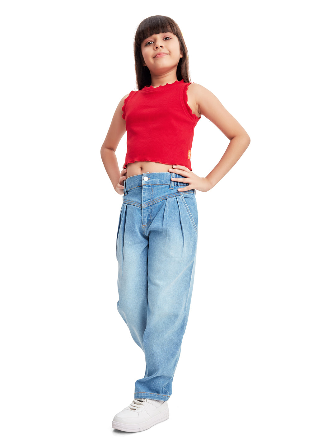 Olele® Girls Retro Front Yoke Relaxed Fit Jeans Pant - Cotton Denim