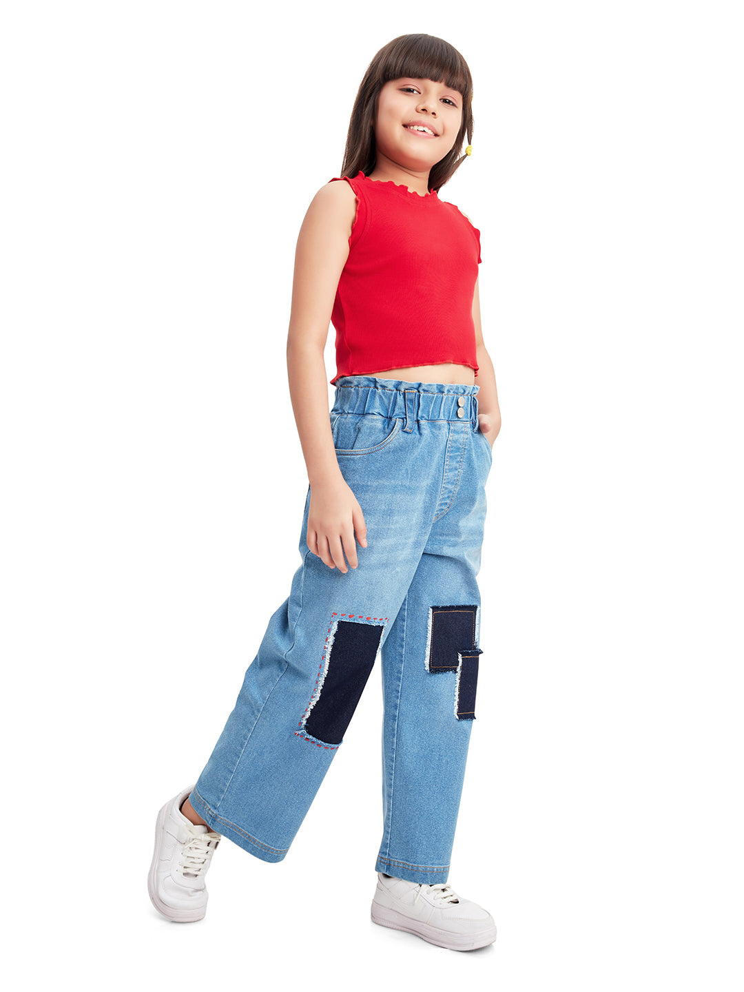 Olele® Girls Pull On Jeans Pant with Retro Patch Detailing - Cotton Denim