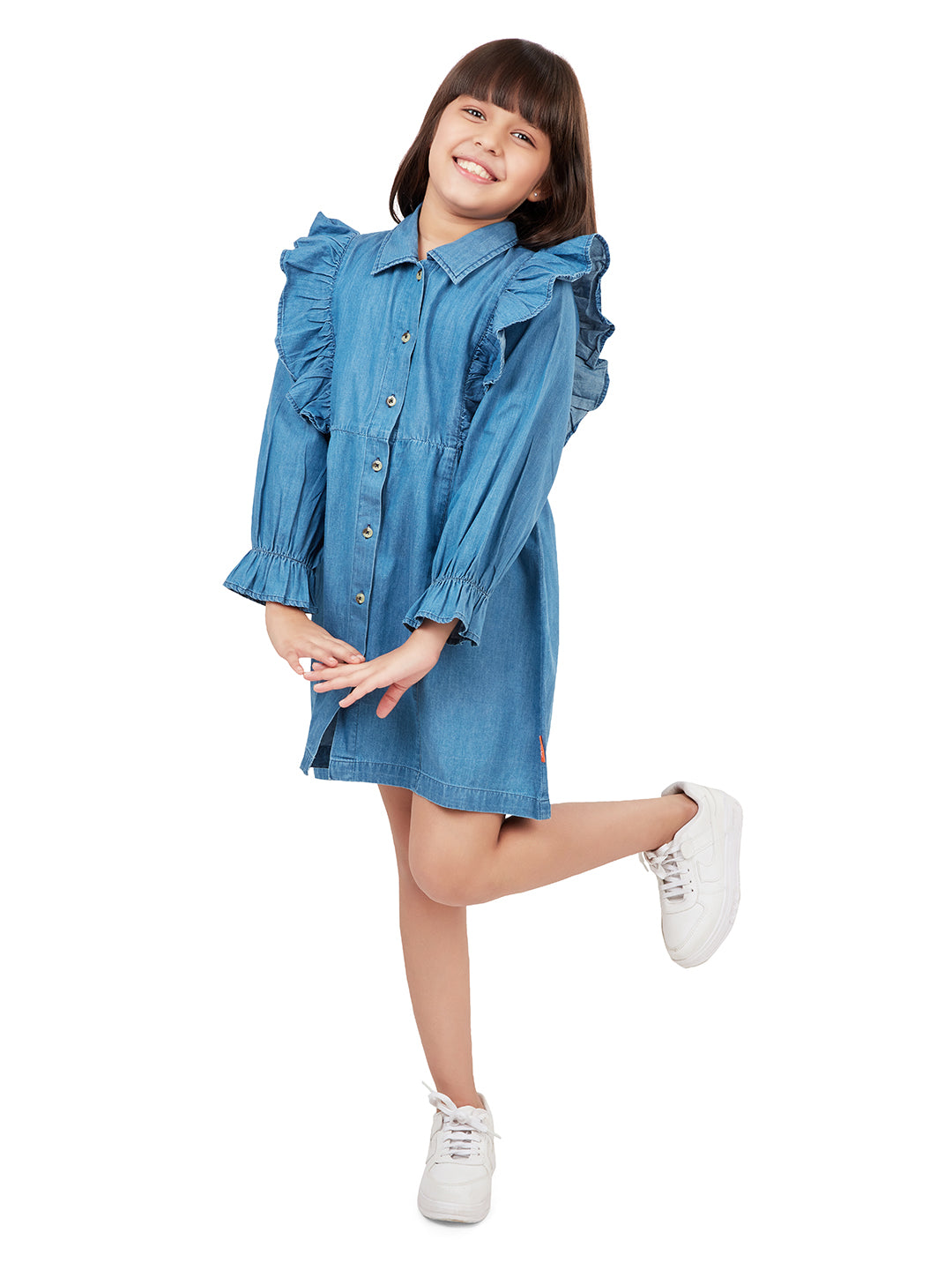 "Olele® Girls Regina Ruffle Dress - Light Blue Denim "