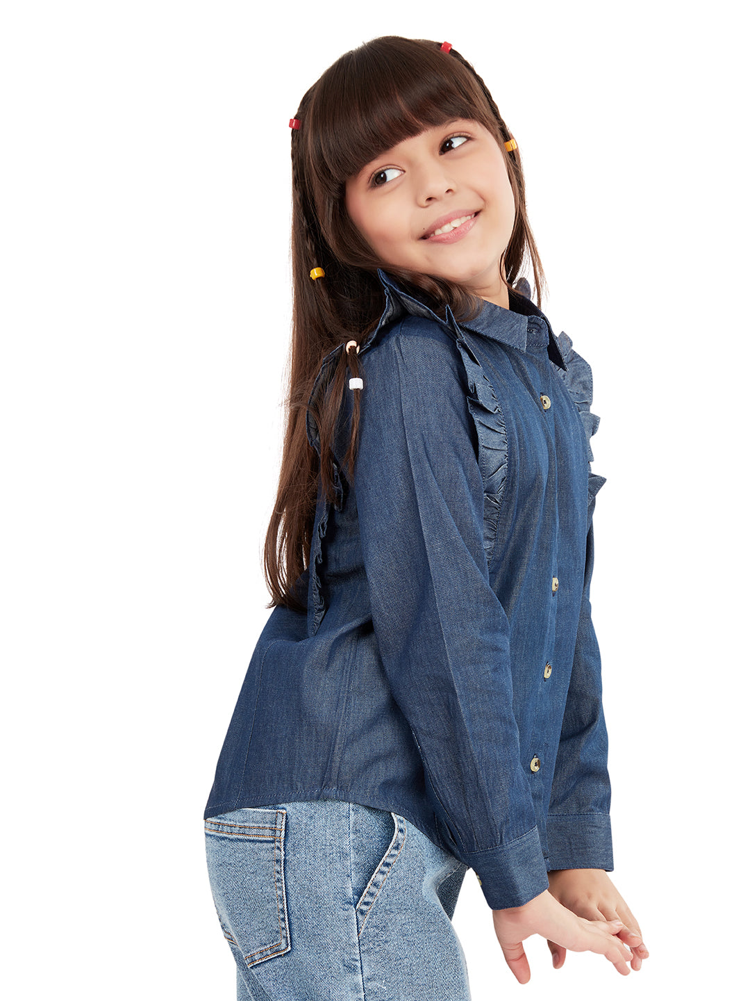 Olele® Girls Regina Full Sleeve Linen Denim Shirt - Dark Blue