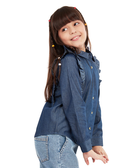 Olele® Girls Regina Full Sleeve Linen Denim Shirt - Dark Blue