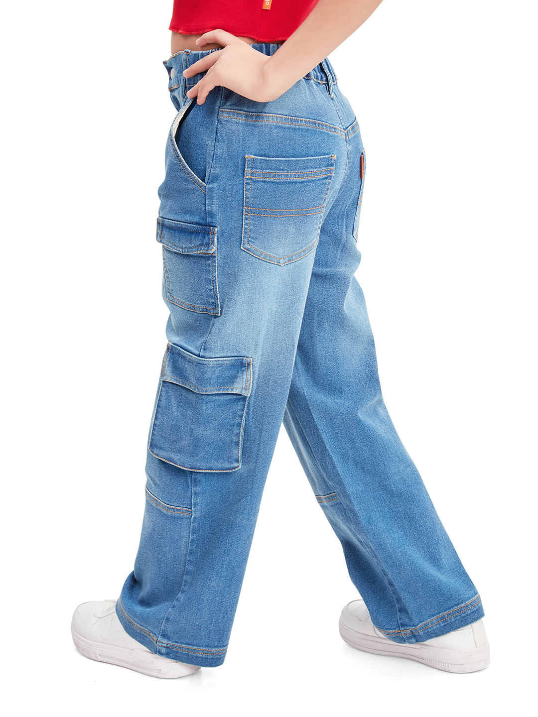 Olele® 7 Pockets Cargo Jeans Pants for Girls - Cotton Denim